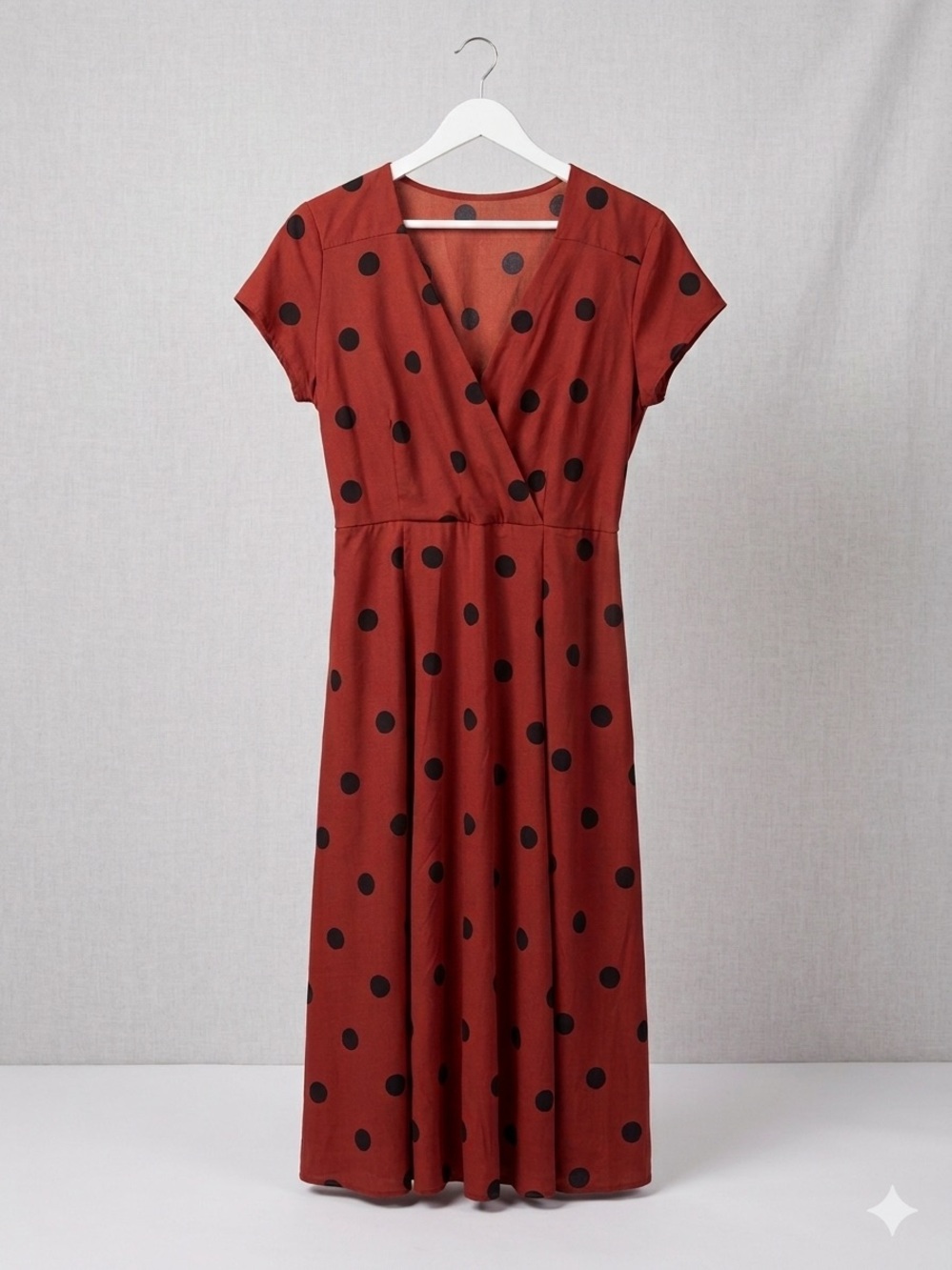 Rust Polka Dot Wrap Midi Dress - Women